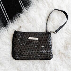EUC MICHAEL KORS BLACK SEQUIN & LEATHER WRISTLET / MINI BAG